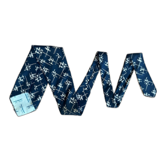 YSL Yves Saint Laurent Blue Abstract Pattern Silk Neck Tie - Picture 3 of 6